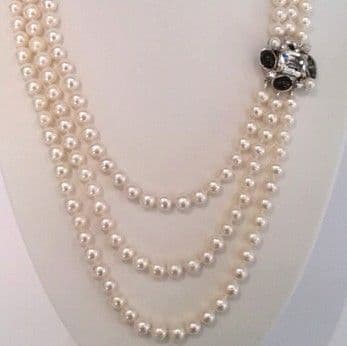 3 Row Pearl Necklace with Designer Crystal Clasp