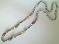 32 inch grey pearl necklace with gold-sand lampwork beads