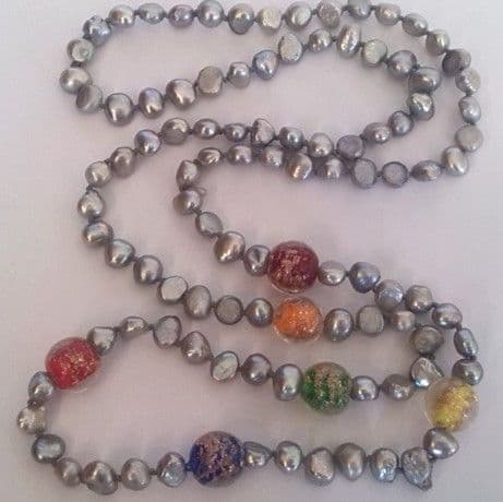 32 inch grey pearl necklace with gold-sand lampwork beads