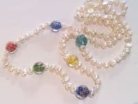32 inch white pearl necklace with gold-sand lampwork beads