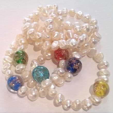 32 inch white pearl necklace with gold-sand lampwork beads