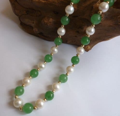 8mm Pearl and Pale Green Jade necklace