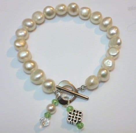 Baroque Pearl Bracelet with Celtic Style 'Infinity' Knot and Green Crystal Pendant