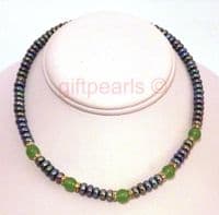 Blue/grey/black 'metallic' pearls with jade and crystal features.