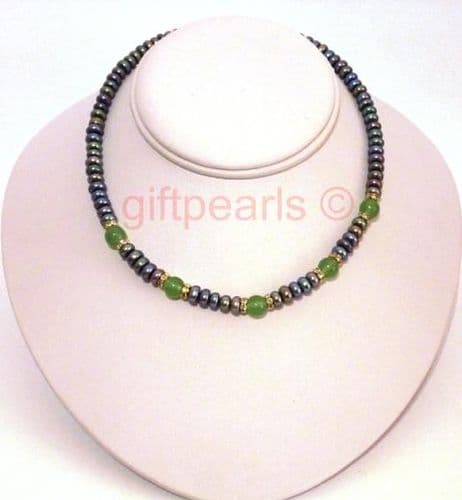 Blue/grey/black 'metallic' pearls with jade and crystal features.