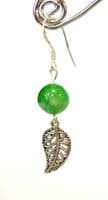 Jade earrings with leaves on silver hooks