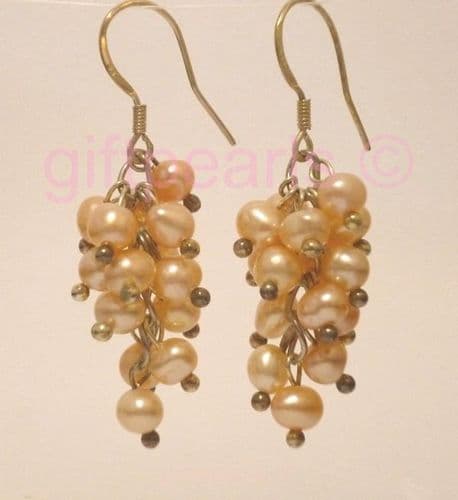 Peach-pink pearl 'grape' cluster drop ear-rings.