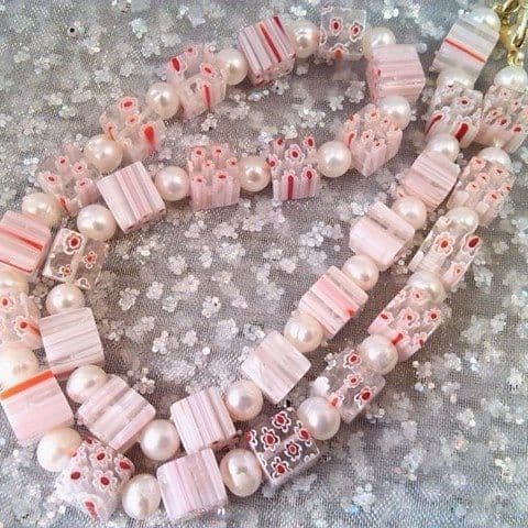 pearl and millefiori glass cube necklace (pink)