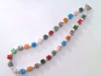 pearl and multicolour millefiori glass cube necklace