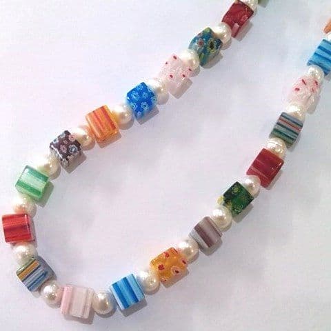 pearl and multicolour millefiori glass cube necklace