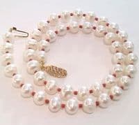 Pearl and Red Coral necklace with crystal clasp.