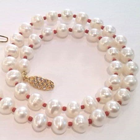 Pearl and Red Coral necklace with crystal clasp.
