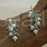 Pearls and jade cluster ear-rings on silver hooks