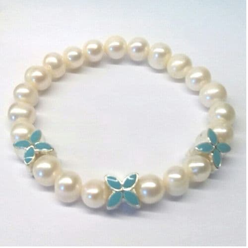 White Pearl Bracelet with Blue Enamel Flowers