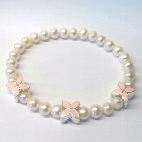 White Pearl Bracelet with Pink Enamel Flowers