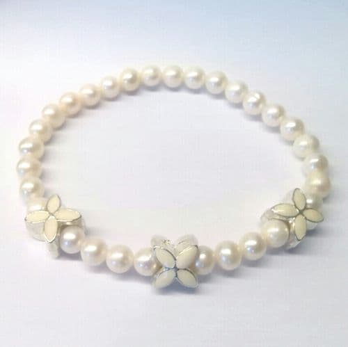 White Pearl Bracelet with White Enamel Flowers