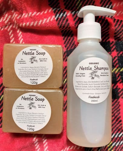 Handmade Organic Nettle Soap 120g x 2 = 240g & Shampoo 250ml + Limited Edition Pump Action Top