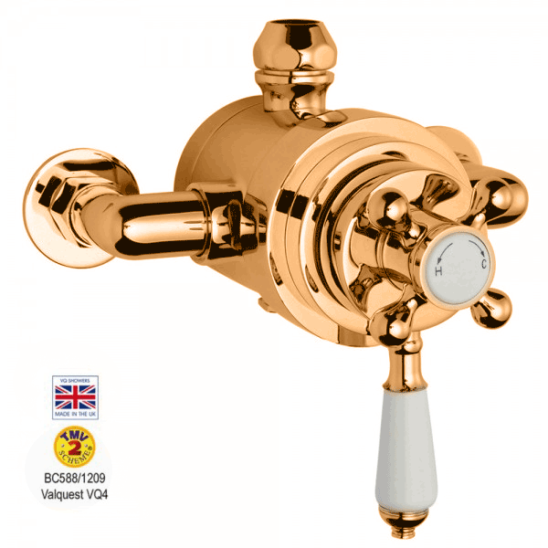 Traditional Twin Exposed Thermostatic Shower Valve 24ct Gold plated 130mm /150mm Pipe Centres