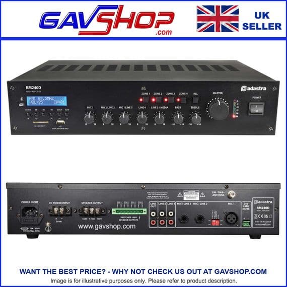 100V or 4 to 16 Ohm Mixer-Amplifier with DAB+, BT, USB/SD  Versions 60w, 120w, 240w, 360w, 480w