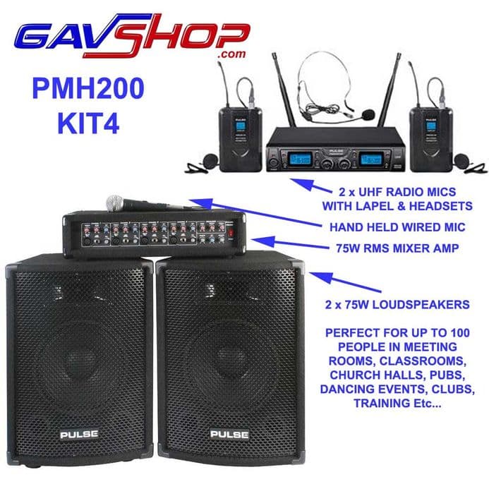 Pulse PMH200KIT4 PA SYSTEM PA MIXER AMPLIFIER SPEAKERS with DUAL RADIO