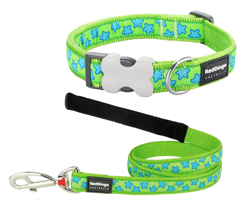 Red Dingo Dog Collar & Lead - Sale Set - Turquoise Stars On Lime Green Small