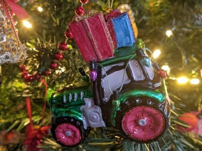Christmas Tractor bauble green with parcels