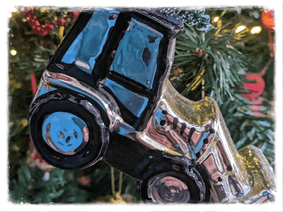 Christmas Tractor  / digger bauble gold with tree