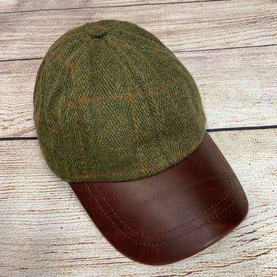 Kids tweed baseball cap leather peak Dark green