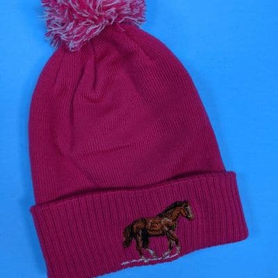 Kids winter pink bobble hat with horse
