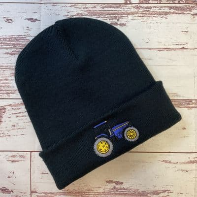 Kids winter Tractor beanie hat navy with blue tractor