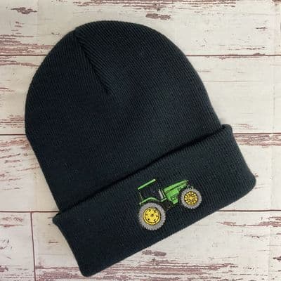 Kids winter Tractor beanie hat navy with Green tractor