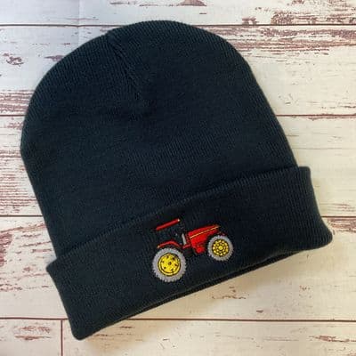 Kids winter Tractor beanie hat navy with Red tractor