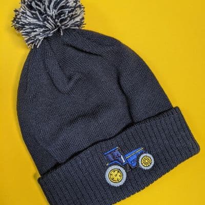 Kids winter Tractor bobble hat navy with blue tractor