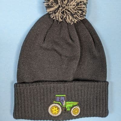 Kids winter Tractor bobble hat navy with green tractor