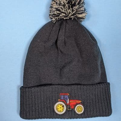 Kids winter Tractor bobble hat navy with red tractor