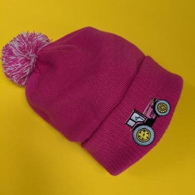 Kids winter Tractor bobble hat pink