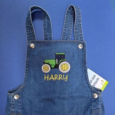 Personalised kids denim dungarees with Tractor