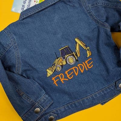 Personalised kids denim jacket with digger