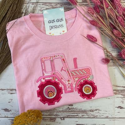 Pink tractor T-shirt embroidered