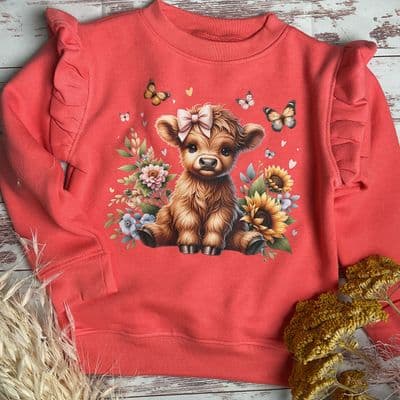 sweatshirt frilled shoulders coral highland  cow and sunflowers
