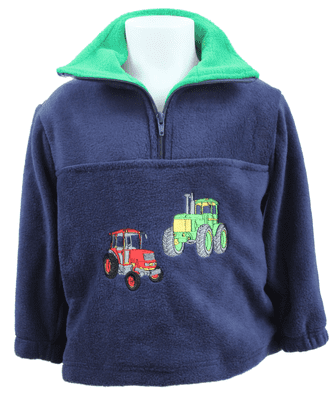 Tractor navy kids fleece with pair of tractors green collar