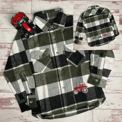 Tractor shacket shirt checked green black and white