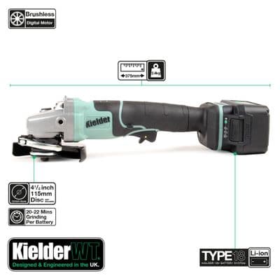 115mm Angle Grinder with 2 x 5.0Ah Batteries - Kielder 18V TYPE18