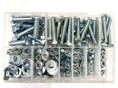 Assorted UNF Setscrews, Full Nuts, Flat Washers & Spring Washers - Steel Zinc Plated (220pcs)