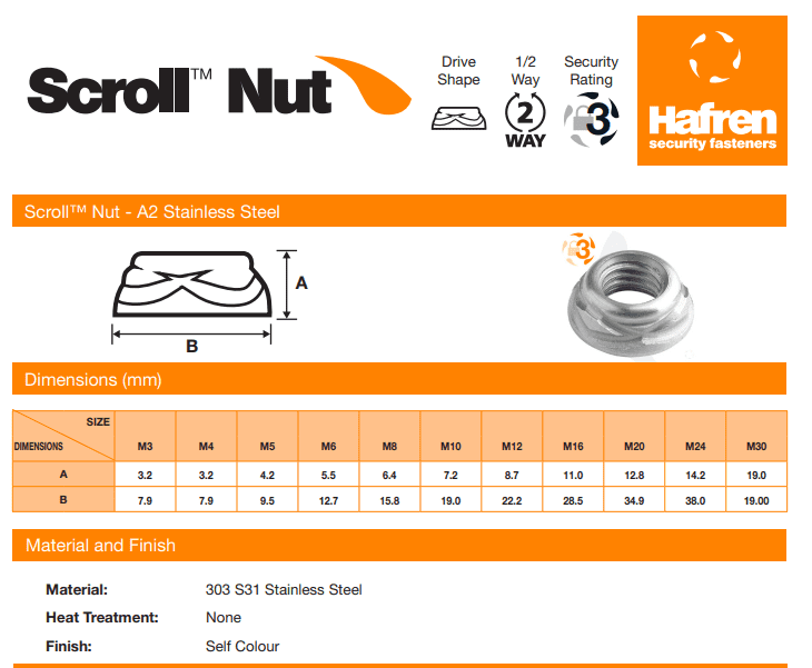 M4 Hafren Scroll Nut - A2 ST ST - Box of 50