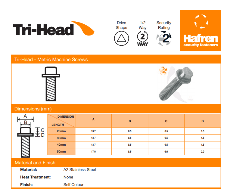 M8 x 40mm Tri-Head Machine Screws - A2 Stainless Steel - Box of 100