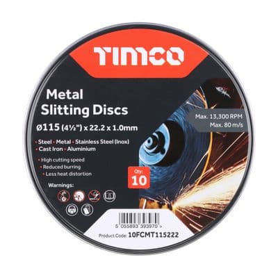 TIMCO 115 x 22.2 x 1.0 Bonded Abrasive Disc - For Cutting - 10 Pieces