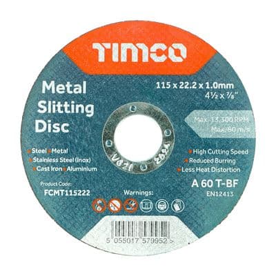 TIMCO 115 x 22.2 x 1.0 Bonded Abrasive Disc - For Cutting - 25 Pieces