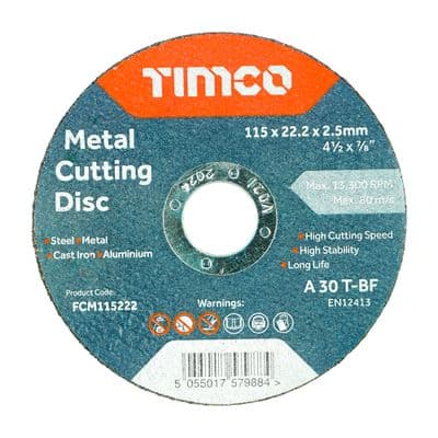 TIMCO 115 x 22.2 x 2.5 Bonded Abrasive Disc - For Cutting - 50 Pieces