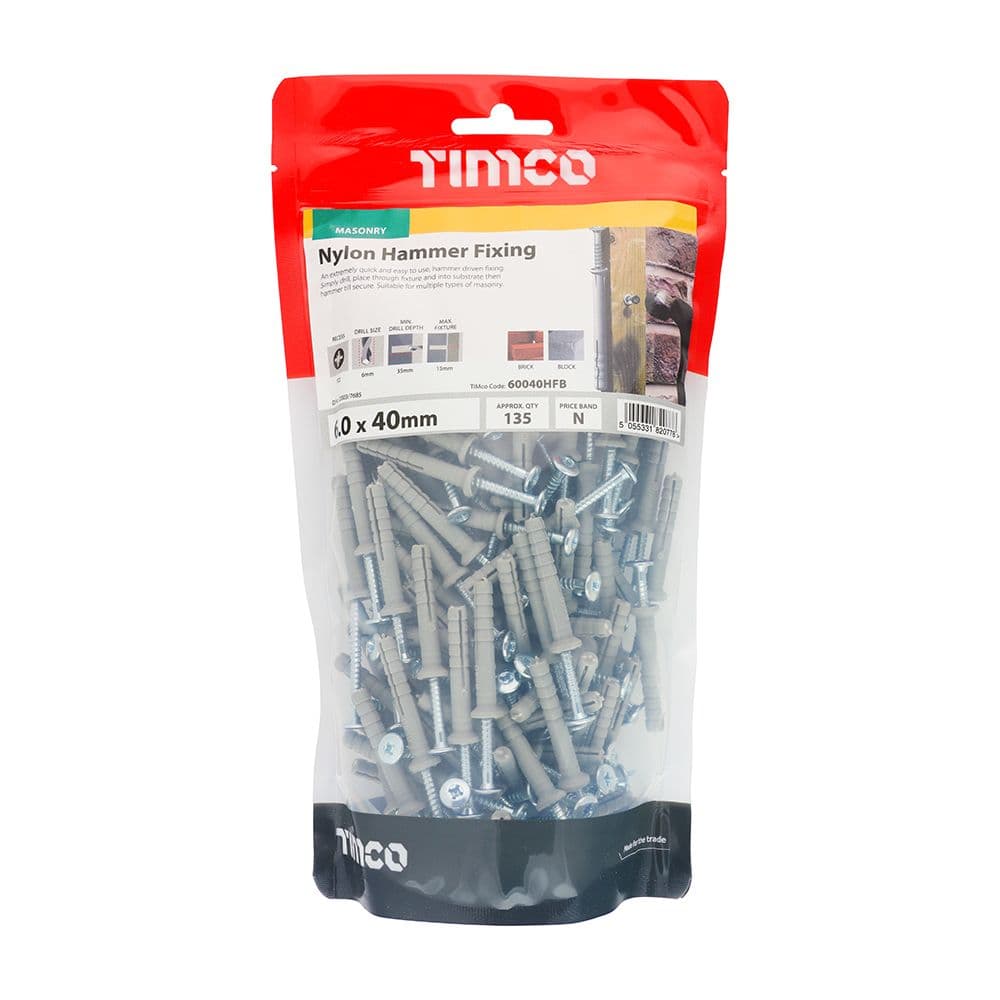 TIMCO 6.0 x 40 Nylon Hammer Fixings - PZ - Zinc - Bag of 135